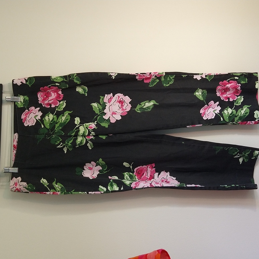 Island Republic black crop pants with pink pattern rose floral side zip …